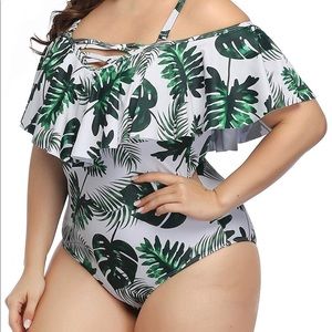 18 W Plus size swimsuit white and green leaves